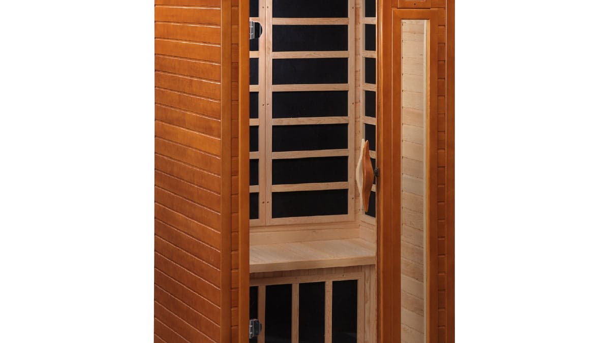 Dynamic infrared sauna with Canadian hemlock wood construction and glass door